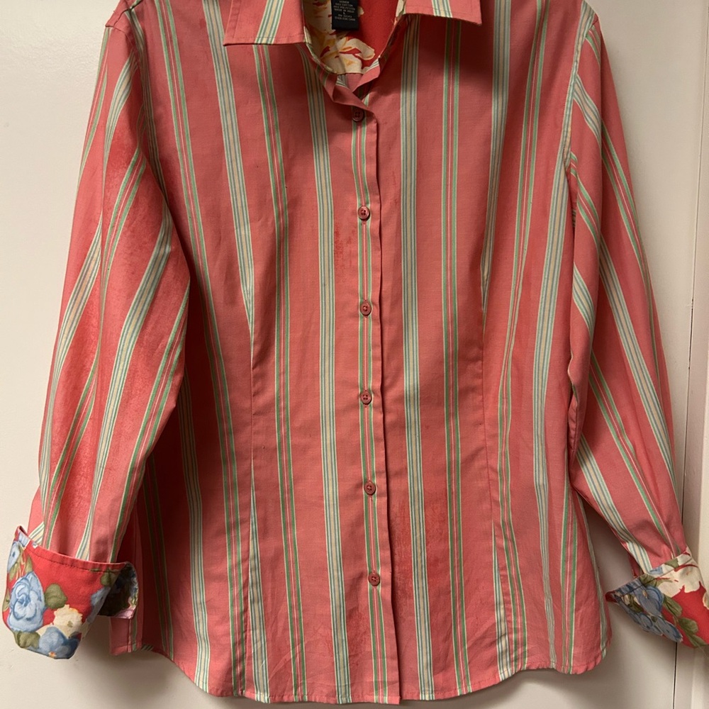 Van Heusen Women’s Coral and Multi-Striped Button Front Shirt